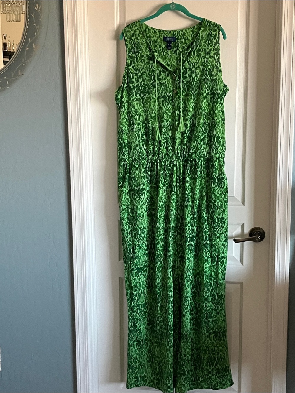 Sleeveless Green Printed Maxi Jumpsuit with Tassel Tie